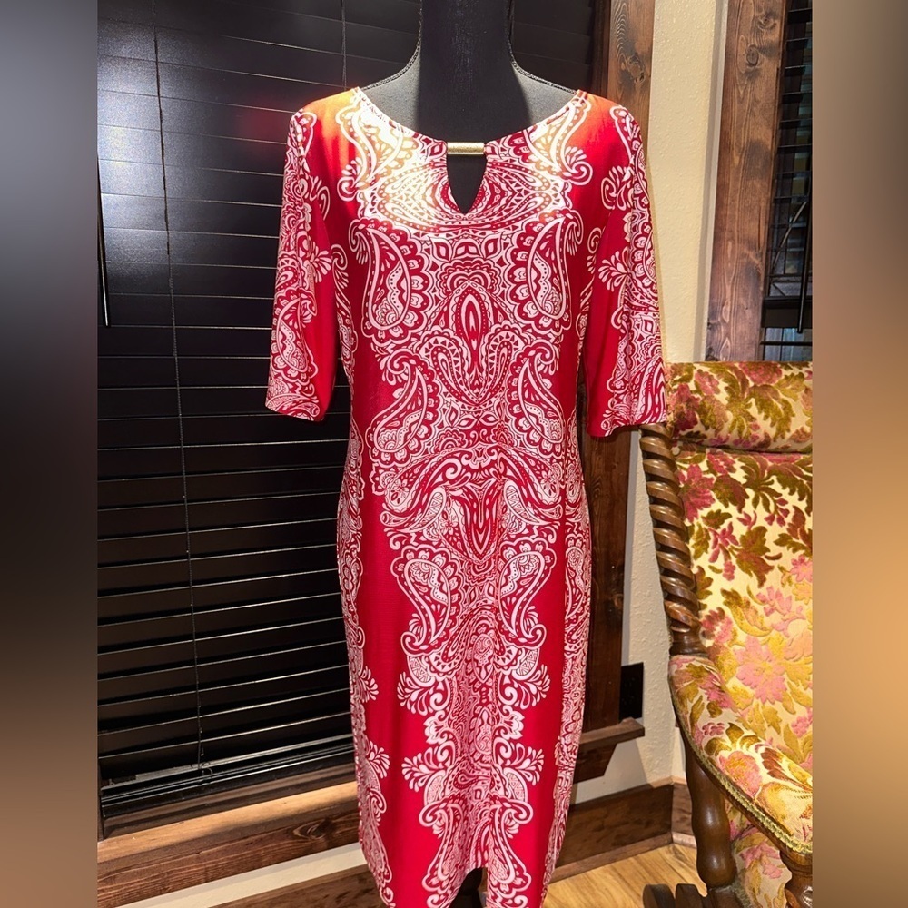 Sunny Leigh Red Paisley Sheath Dress Gold Metal Neck Cutout Stretch Office L - Picture 3 of 8